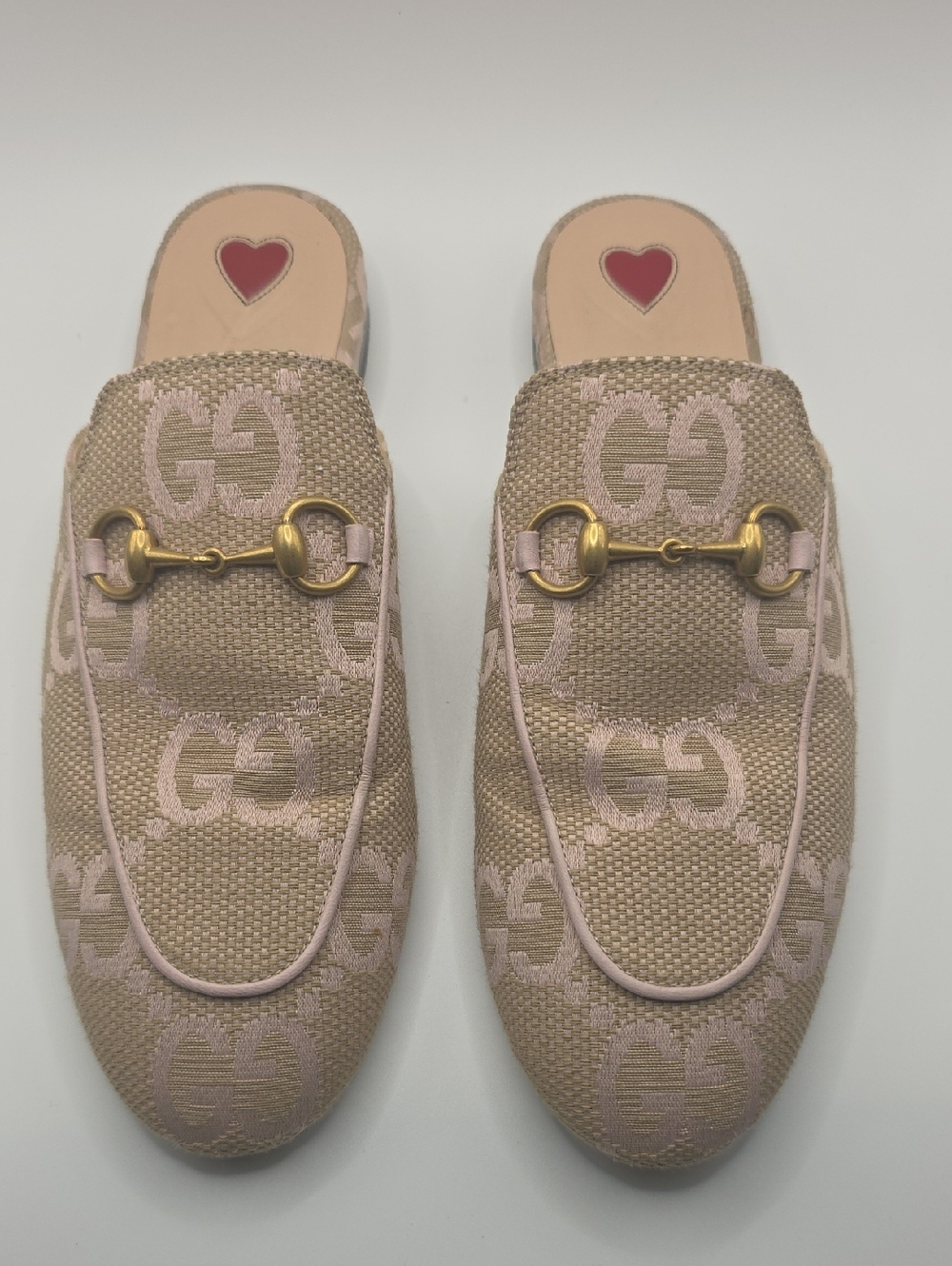 Gucci Beige and Pink GG Canvas Horsebit Backless Mules